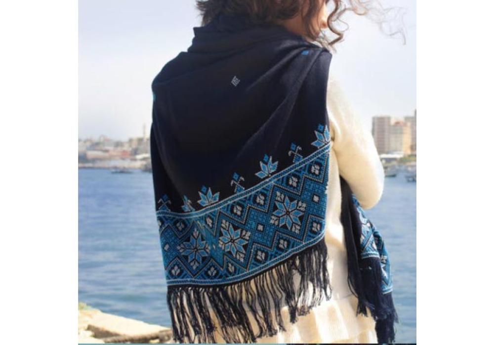 Women Scarf Embroidered rectangular size Black color embroidered with blue